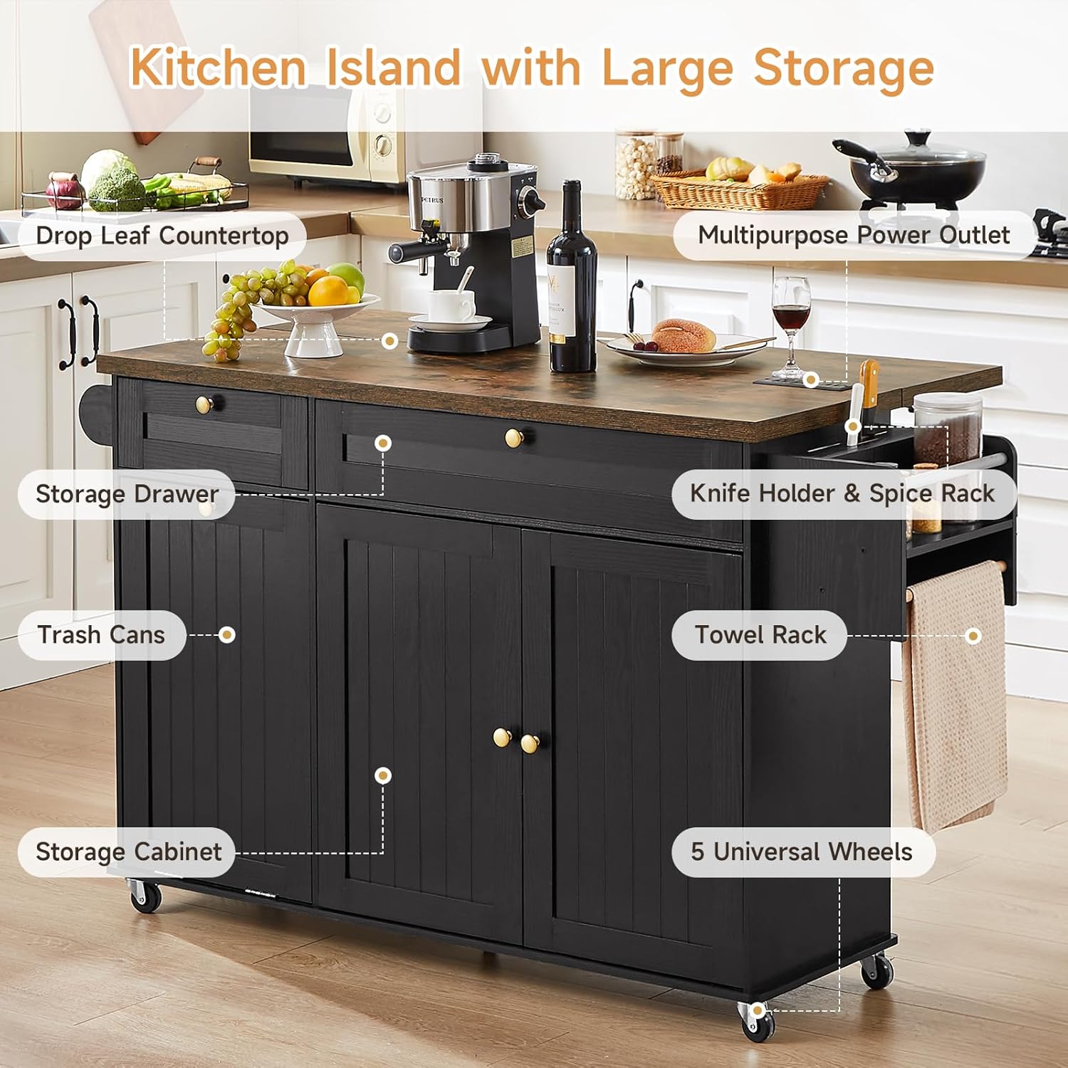 60" Kitchen Island with Power Outlet & Drop Leaf, Kitchen Rolling Island with Spice Rack & Towel Rack, Knife Holder, Kitchen Island Cart with Trash Storage Cabinet, Mobile Island Table for Kitchen