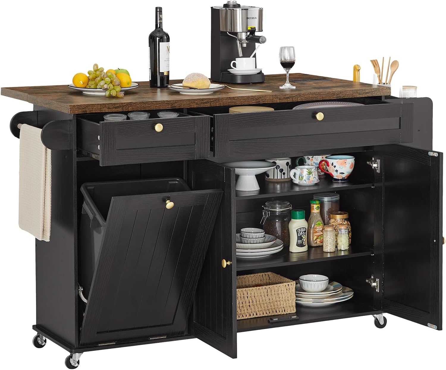60" Kitchen Island with Power Outlet & Drop Leaf, Kitchen Rolling Island with Spice Rack & Towel Rack, Knife Holder, Kitchen Island Cart with Trash Storage Cabinet, Mobile Island Table for Kitchen