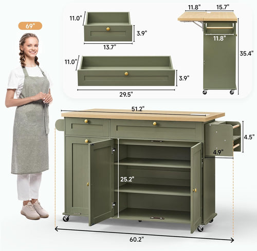 60" Kitchen Island with Power Outlet & Drop Leaf, Kitchen Rolling Island with Spice Rack & Towel Rack, Knife Holder, Kitchen Island Cart with Trash Storage Cabinet, Mobile Island Table for Kitchen