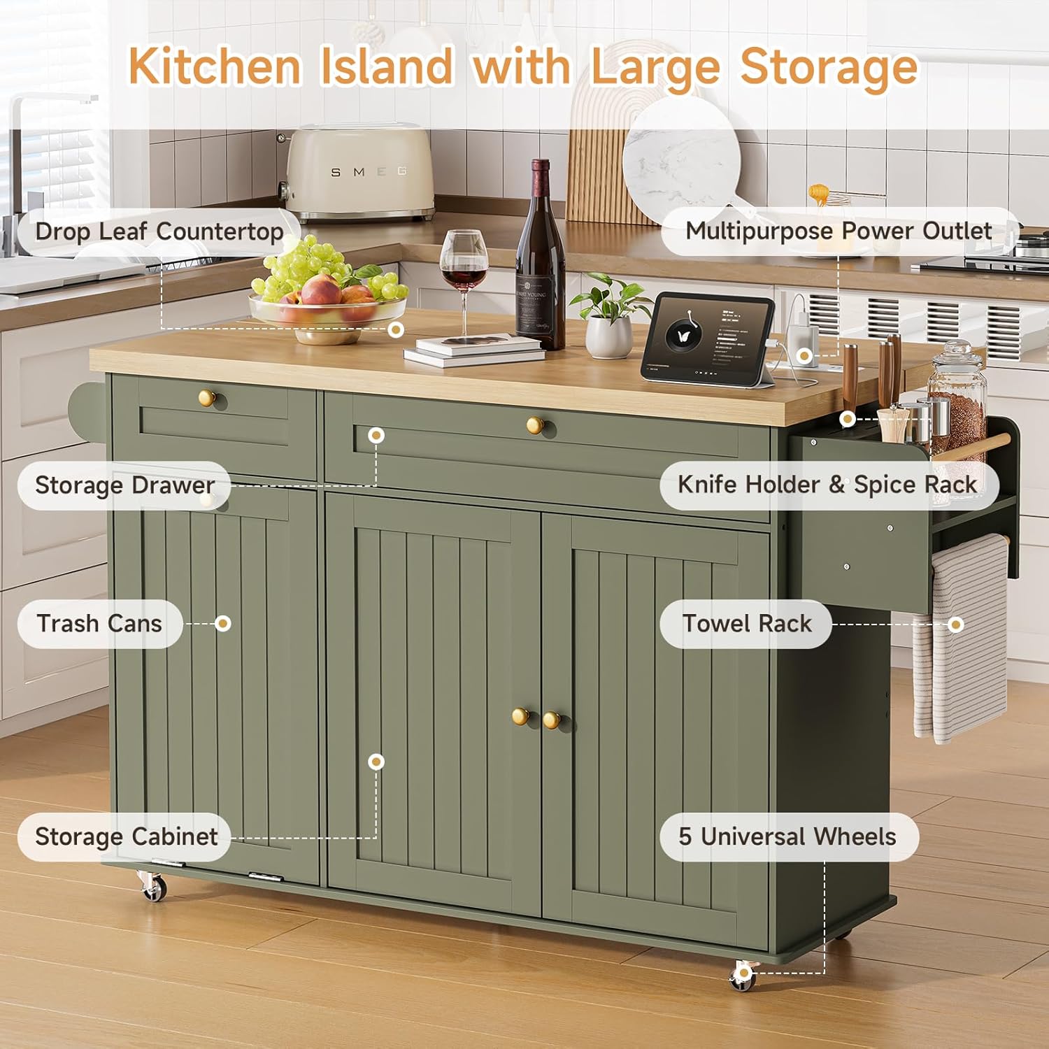 60" Kitchen Island with Power Outlet & Drop Leaf, Kitchen Rolling Island with Spice Rack & Towel Rack, Knife Holder, Kitchen Island Cart with Trash Storage Cabinet, Mobile Island Table for Kitchen