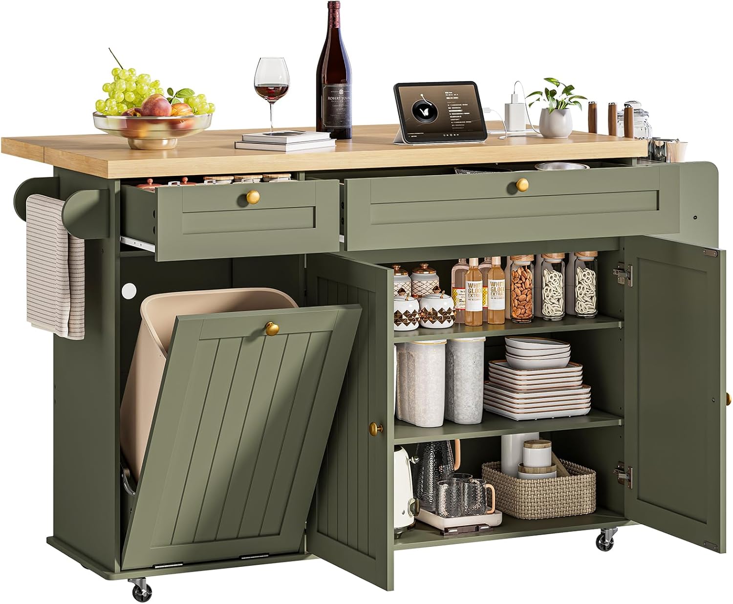 60" Kitchen Island with Power Outlet & Drop Leaf, Kitchen Rolling Island with Spice Rack & Towel Rack, Knife Holder, Kitchen Island Cart with Trash Storage Cabinet, Mobile Island Table for Kitchen