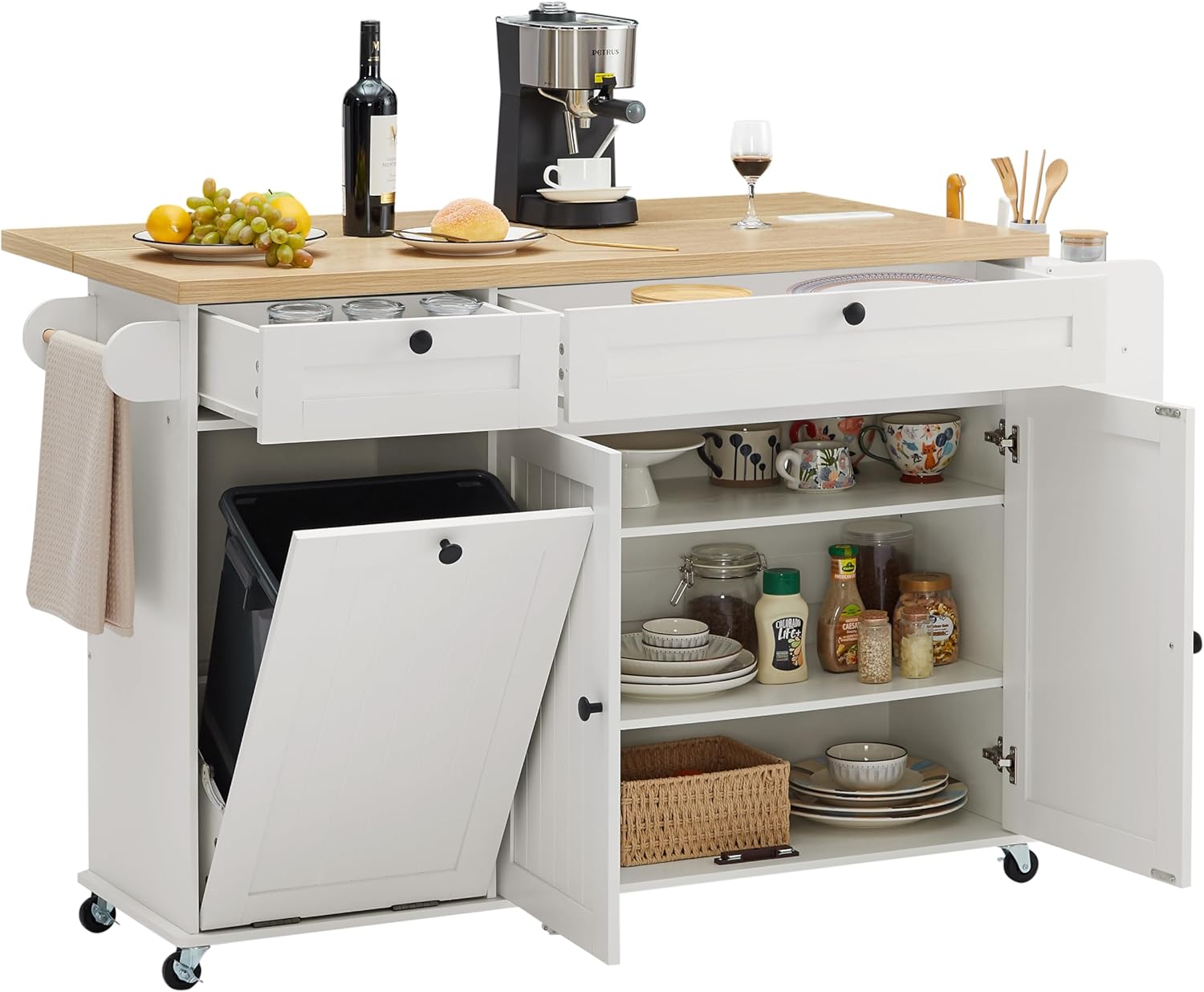 60" Kitchen Island with Power Outlet & Drop Leaf, Kitchen Rolling Island with Spice Rack & Towel Rack, Knife Holder, Kitchen Island Cart with Trash Storage Cabinet, Mobile Island Table for Kitchen