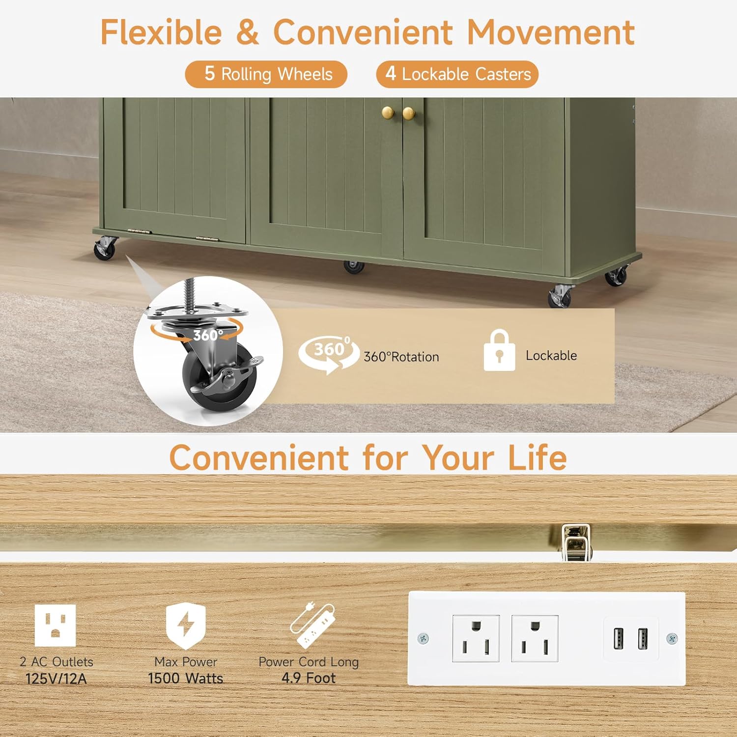 60" Kitchen Island with Power Outlet & Drop Leaf, Kitchen Rolling Island with Spice Rack & Towel Rack, Knife Holder, Kitchen Island Cart with Trash Storage Cabinet, Mobile Island Table for Kitchen