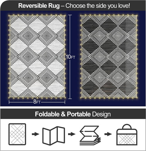 8x10ft Waterproof Outdoor Rug with LED Lights, Foldable Reversible Plastic Straw Mat for Patio RV Camping Picnic Balcony Beach Deck Indoor Outdoor Carpet, Black&White